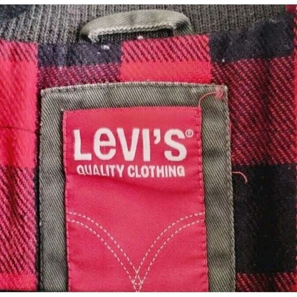 Levi's Military Blanket Lined Jacket Size L Red Buffalo Plaid Liner Olive Green - Picture 2 of 12